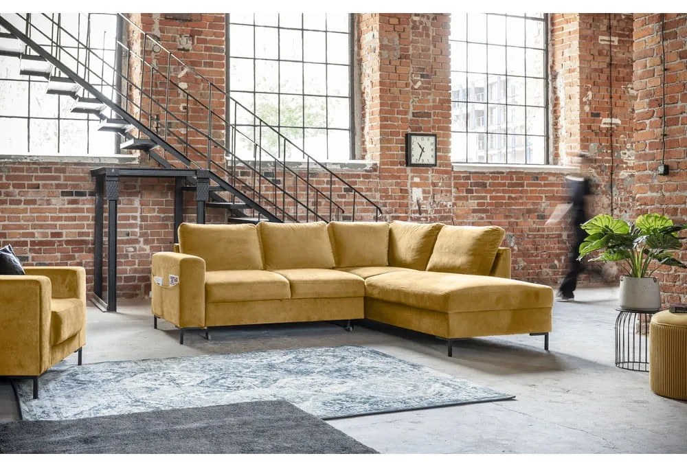 Sárga bársony kinyitható sarokkanapé (jobb oldali) Lofty Lilly – Miuform