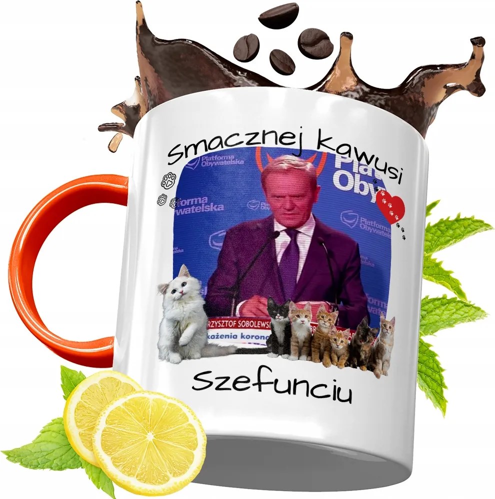 Donald Tusk Narancssárga Bögre Ajándék, fényképes nyomattal