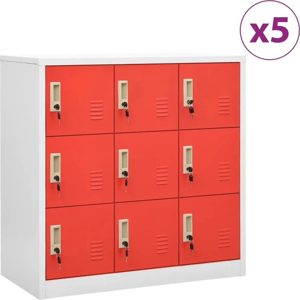 vidaXL 5 db világosszürke-piros acél zárható szekrény 90x45x92,5 cm