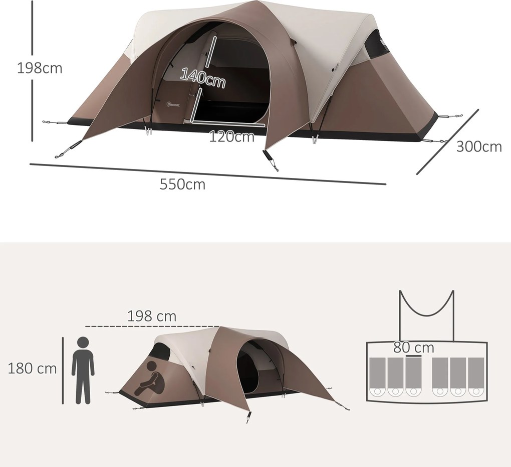 Outsunny Családi Kemping Sátor 5-6 Főnek Vízálló Könnyű Szellőző Kényelmes Hordtáskával, méret: 550L x 300W x 198H cm | Aosom