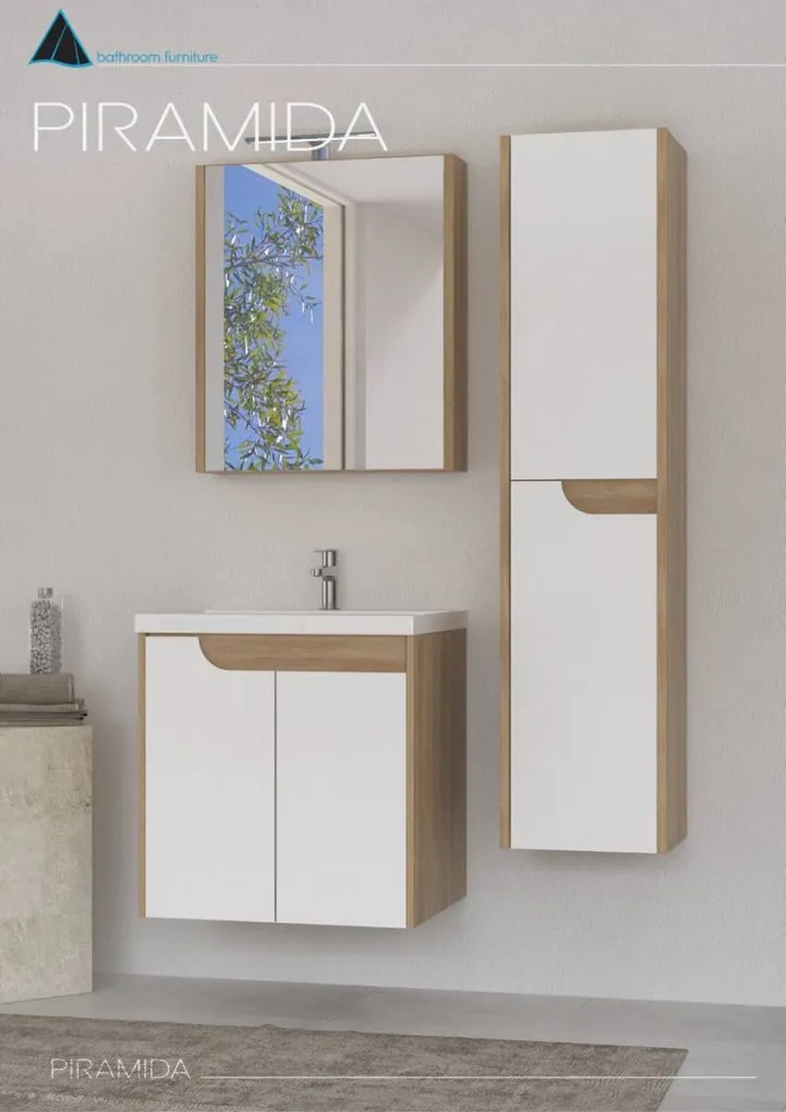 Piramida AKVA Tükrös fürdőszobai szekrény - LED világítással - FEHÉR-TÖLGY - 60 x 69 x 15 cm
