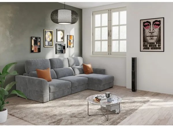 Univerzális ággyá nyitható háromszemélyes sarokkanapé tárolóval TRENTO szürke