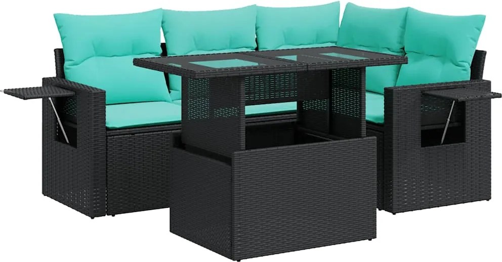 vidaXL 5 részes fekete polyrattan akácfa kerti ülőgarnitúra párnával