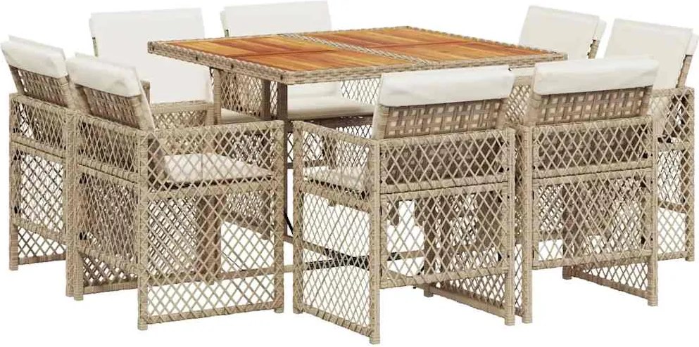 vidaXL 9 részes bézs polyrattan kerti étkezőgarnitúra párnákkal