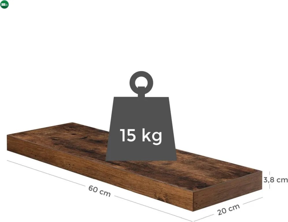 Rusztikus barna lebegő fali polc 60 × 20 × 3 cm