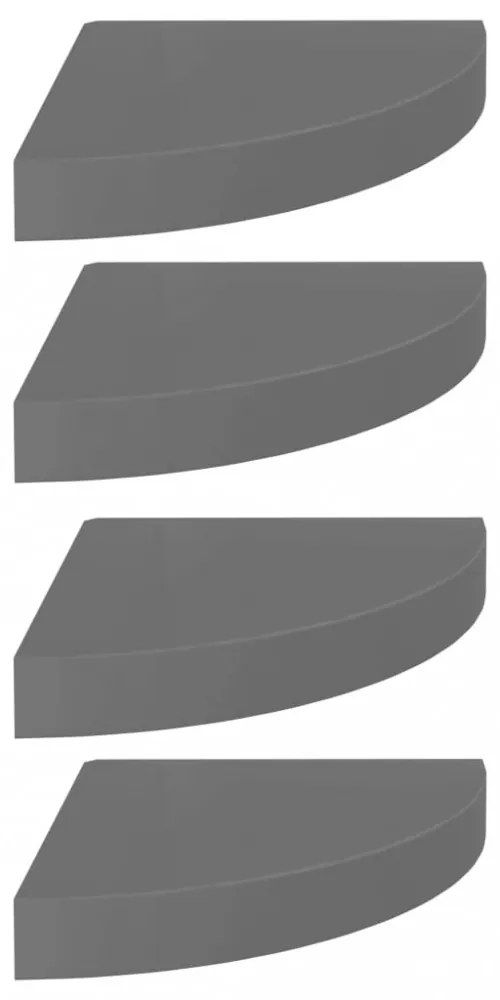 4 db magasfényű szürke MDF lebegő sarokpolc 25 x 25 x 3,8 cm