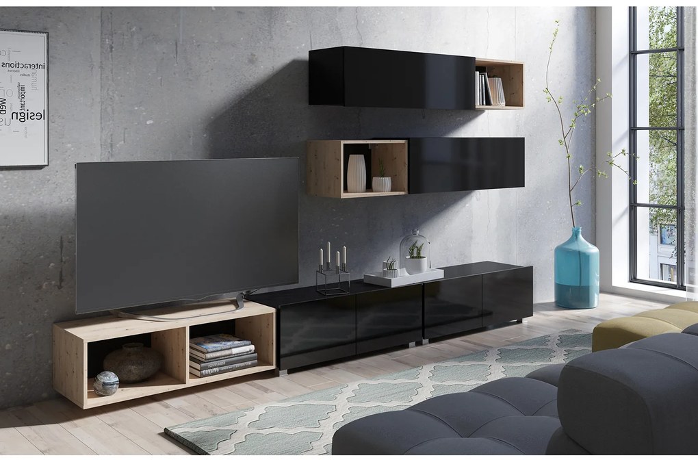 Nappali fal Calabria C25 BLACK (fekete + artisan tölgy) (világítás nélkül). 1051561