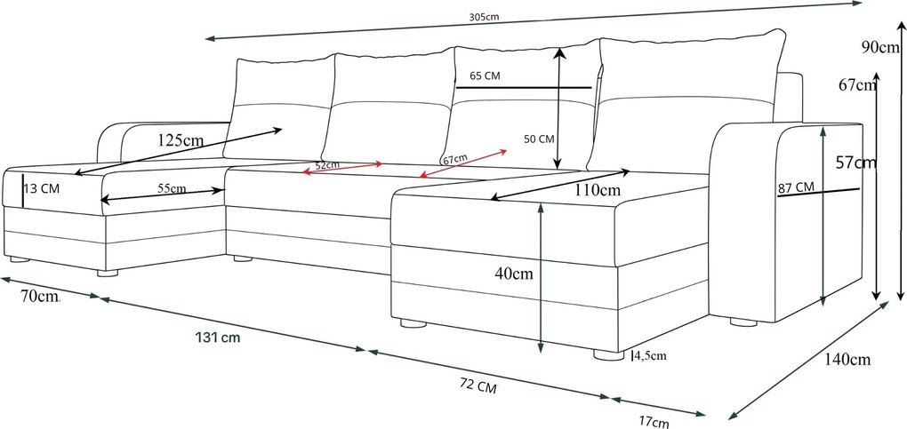 Ágyazható U alakú kanapé VALERIO 305x140 cm, világosszürke/bézs színű