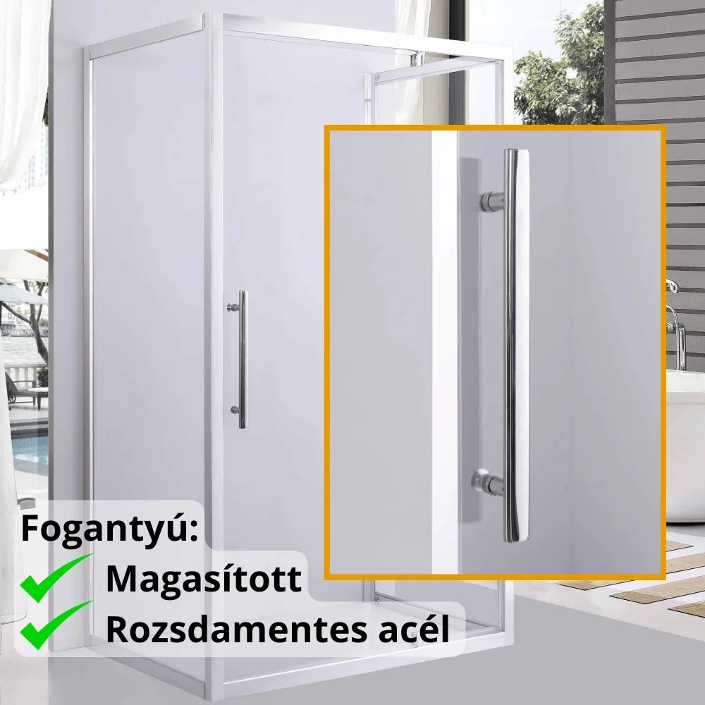 Stuxi Torino 110x80 falsíkra szerelhető 3 oldalú nyílóajtós zuhanykabin 6 mm vízlepergető biztonsági üveggel, króm elemekkel, 200 cm magas