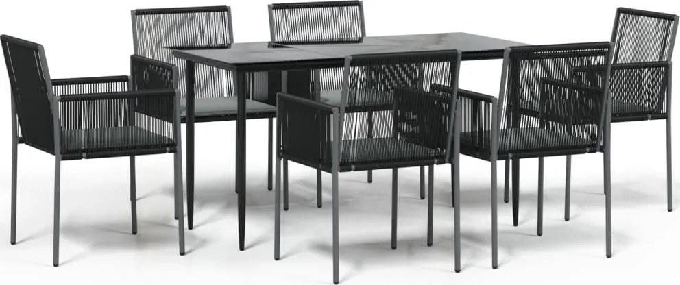vidaXL 7 részes fekete polyrattan és acél kerti étkezőszett párnával