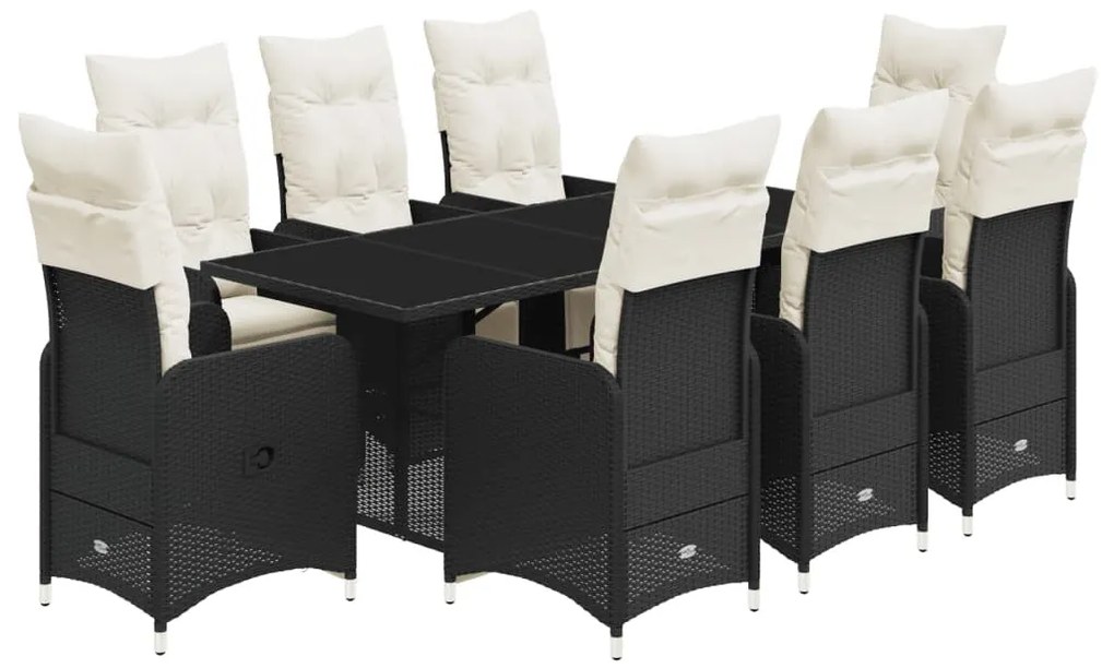 9 részes fekete polyrattan kerti bisztrógarnitúra párnákkal