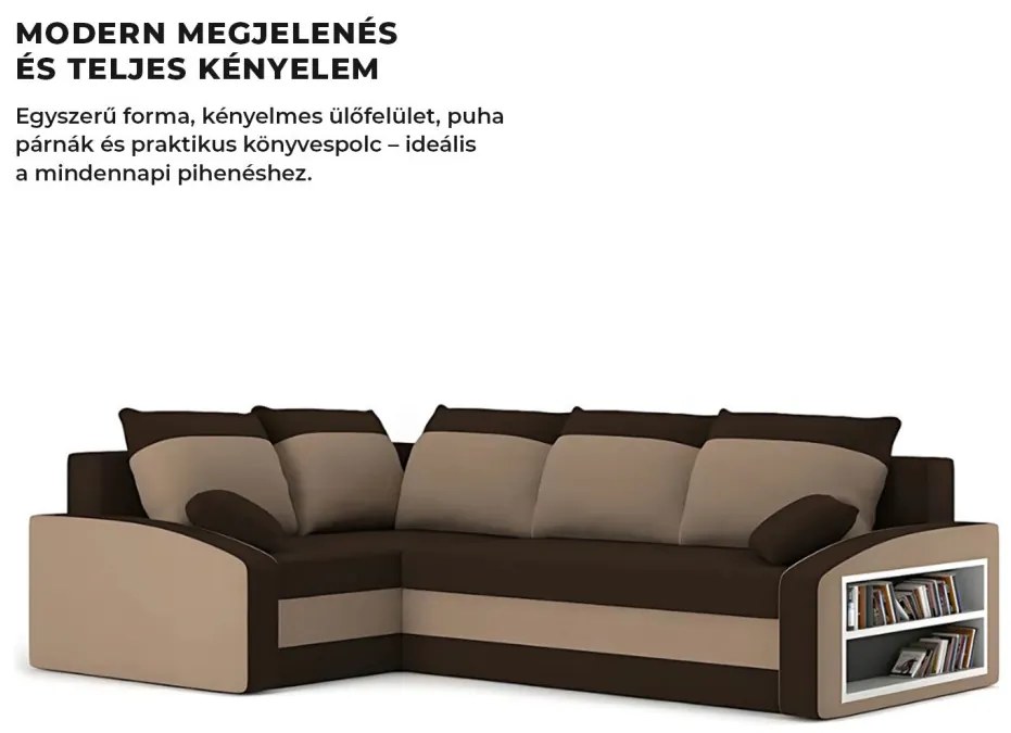 Grande sarokkanapé polcokkal , polc a jobb karfaban, baloldali, szövet anyag, hab töltet, barna