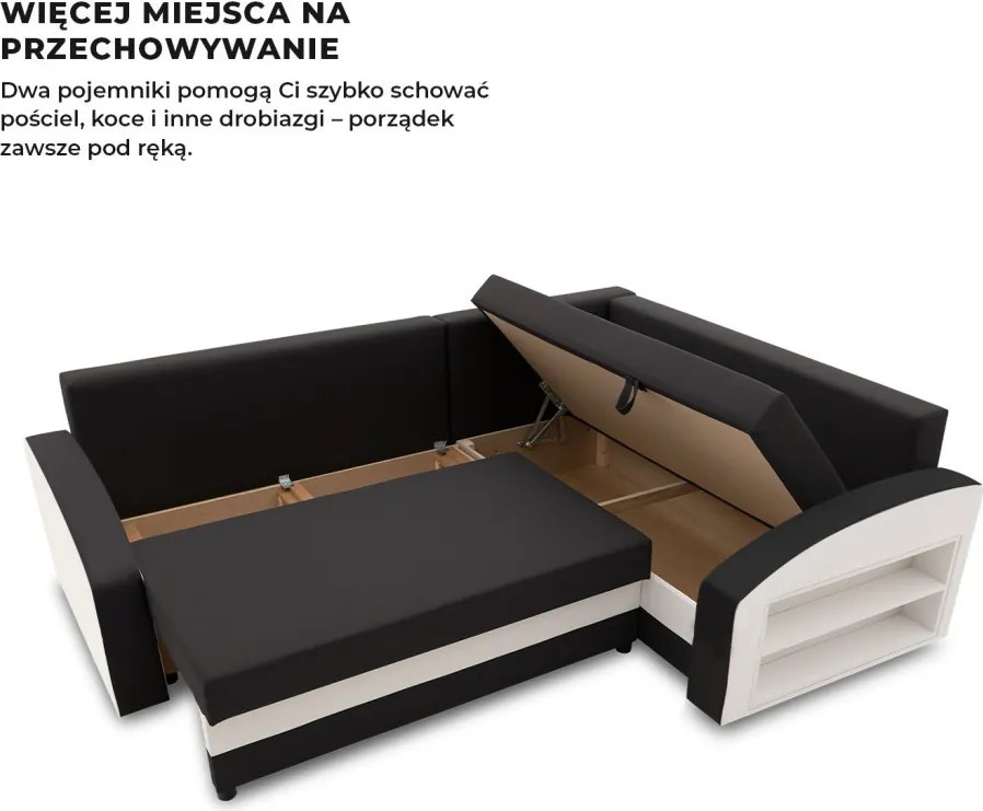 Grande sarokkanapé polcokkal , polc a jobb karfaban, jobboldali, szövet anyag, hab töltet, fekete - fehér