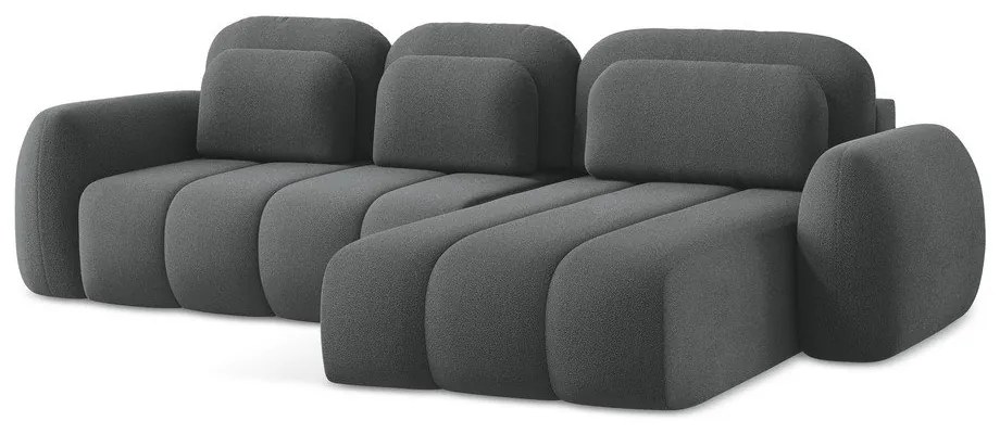 Sötétszürke buklé kinyitható-tárolóhelyes sarokkanapé (jobb oldali-heverő résszel) Pele – Makamii