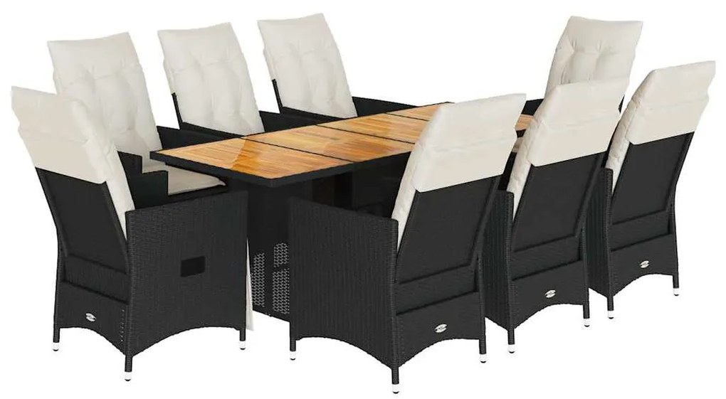 9 részes fekete polyrattan kerti étkezőgarnitúra párnákkal