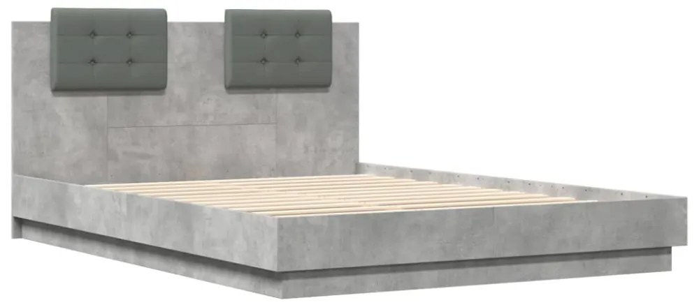 betonszürke ágykeret fejtámlával és LED-világítással 120x200 cm