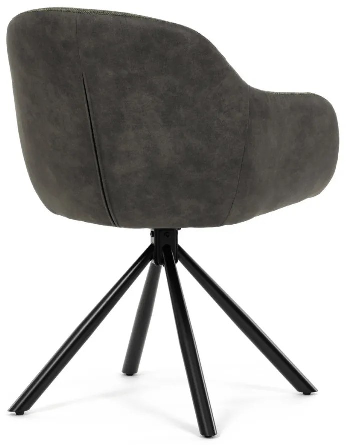 Scaun de sufragerie pivotant, țesătură verde și țesătură gri închis, cu decor vintage din piele, metal negru, rotativ P90°+ L90° cu mecanism de retragere