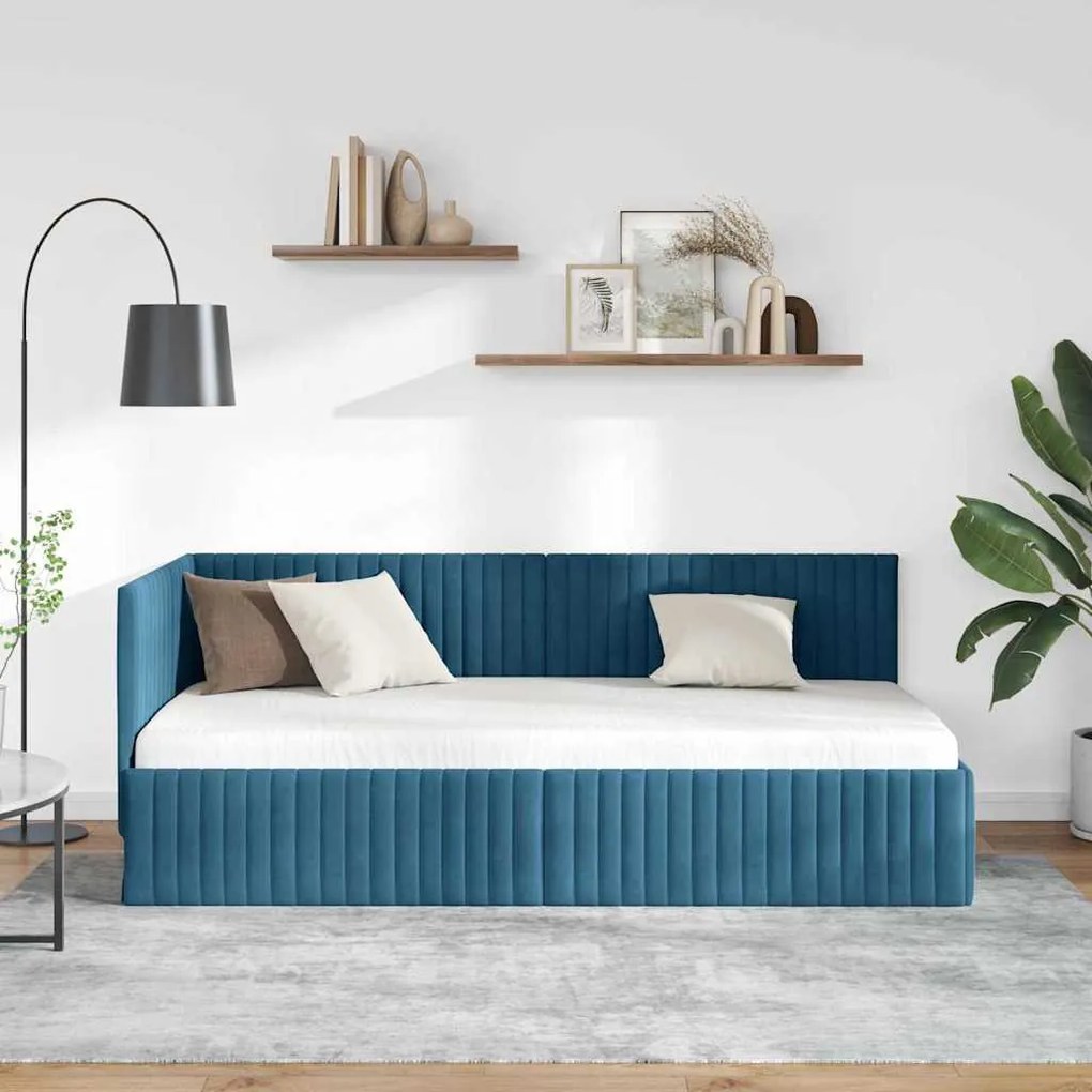 Sarokágy keret fejtámlával Kék 90 x 200 cm Bársony