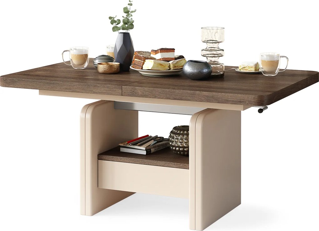 Mazzoni LEXUS Barna Tölgy/Bézs (Pezsgőszínű) - MODERN DOHÁNYZÓASZTAL NYITHATÓ/MAGASÍTHATÓ ÉTKEZŐASZTAL ÉS DOHÁNYZÓASZTAL EGYBEN