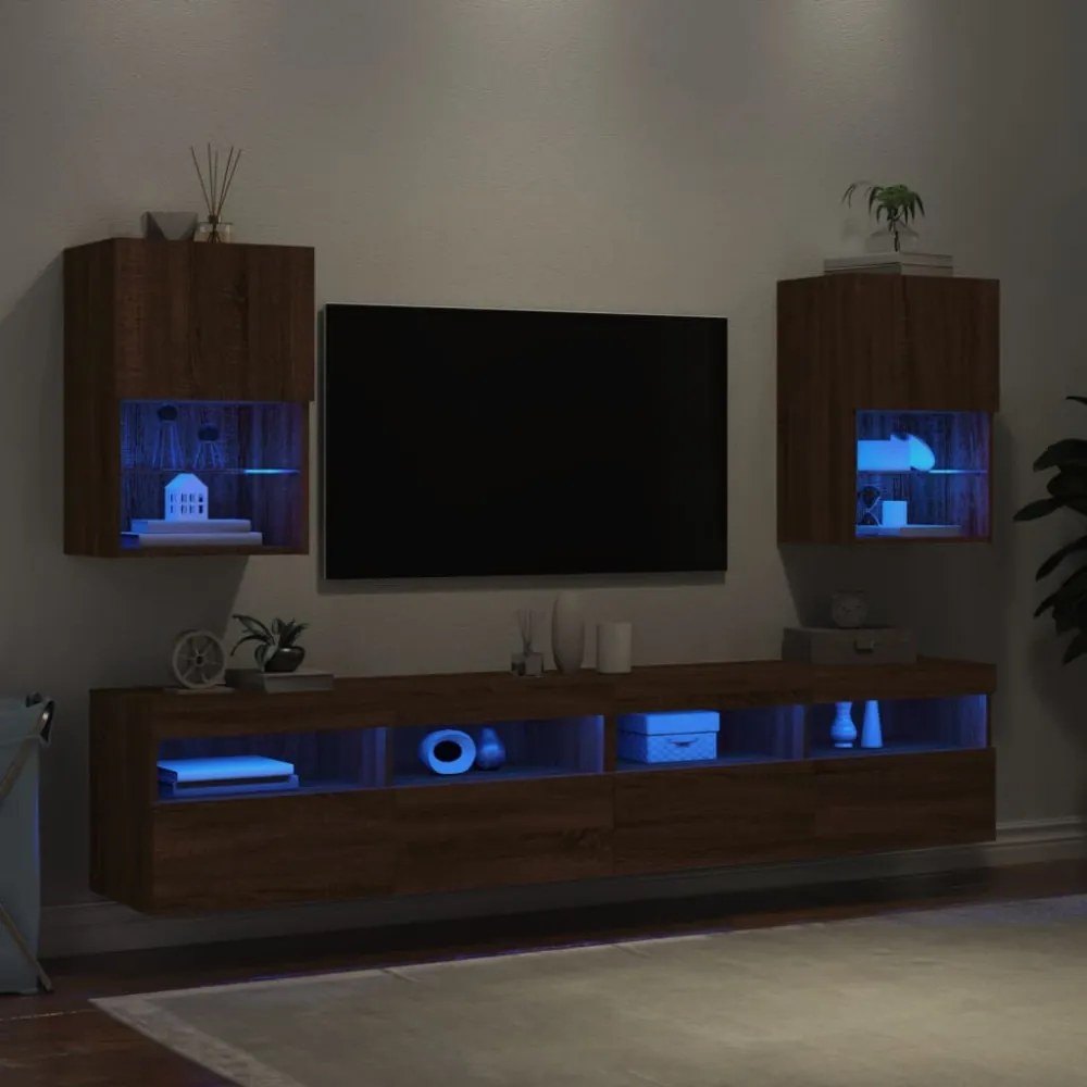 2 db barna tölgy színű TV-szekrény LED-ekkel 40,5 x 30 x 60 cm