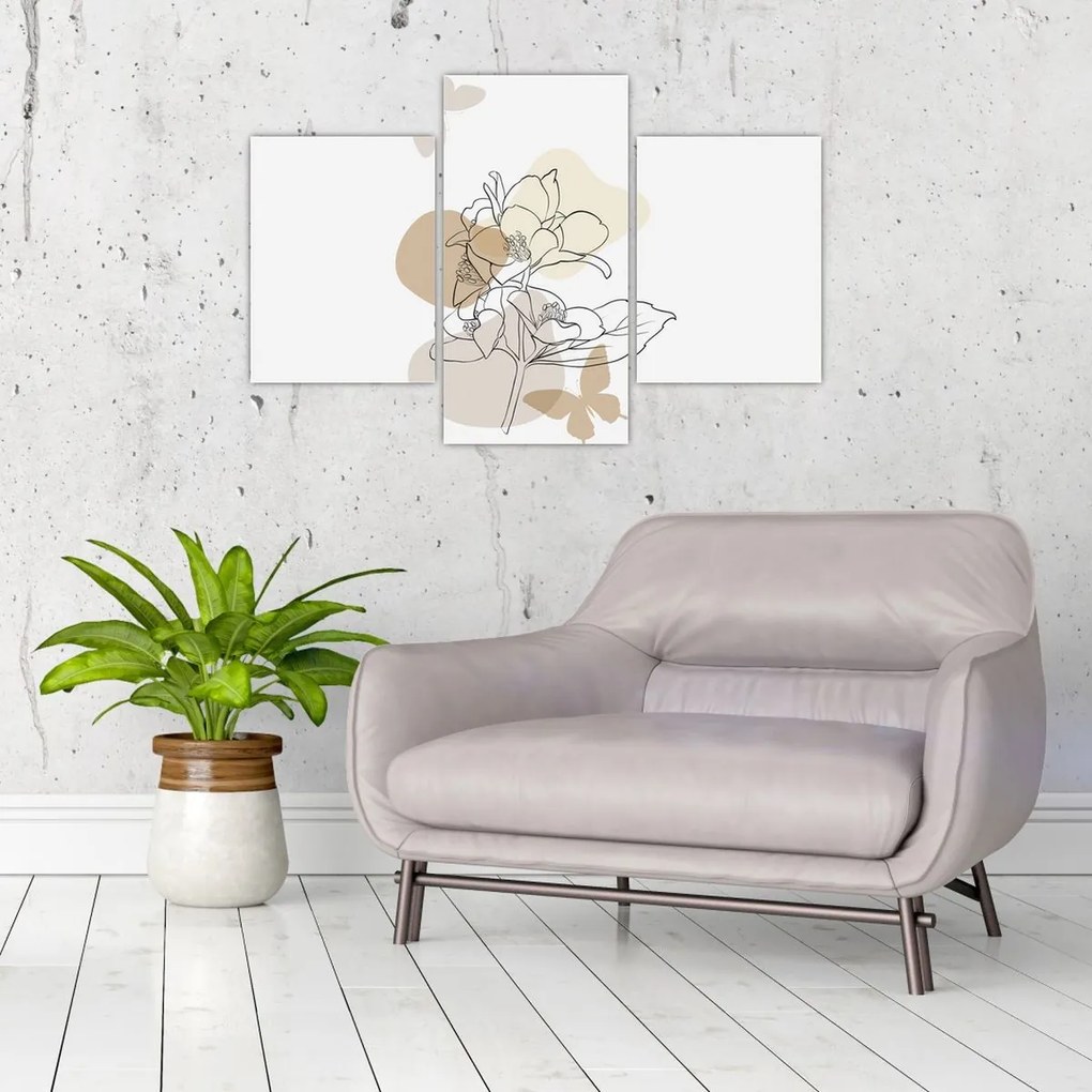 Kép - Bézs virágok pillangóval N⁰1 (90x60 cm)