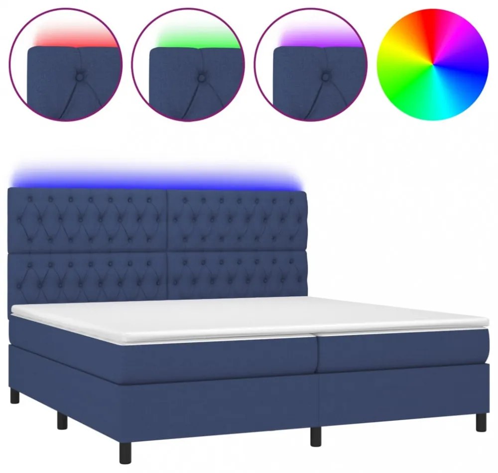 kék szövet rugós és LED-es ágy matraccal 200 x 200 cm