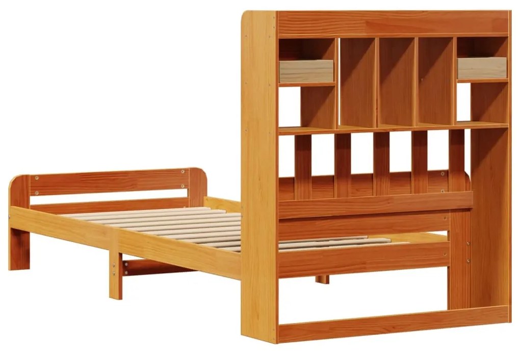 barna tömör fenyőfa könyvespolcos ágy matrac nélkül 75 x 190 cm
