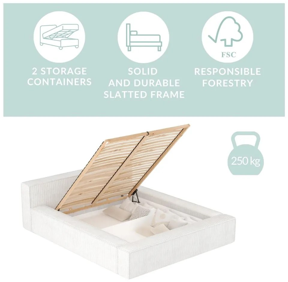 Világosszürke kárpitozott ágyneműtartós franciaágy ágyráccsal 160x200 cm Voliera – Maison de Rêve