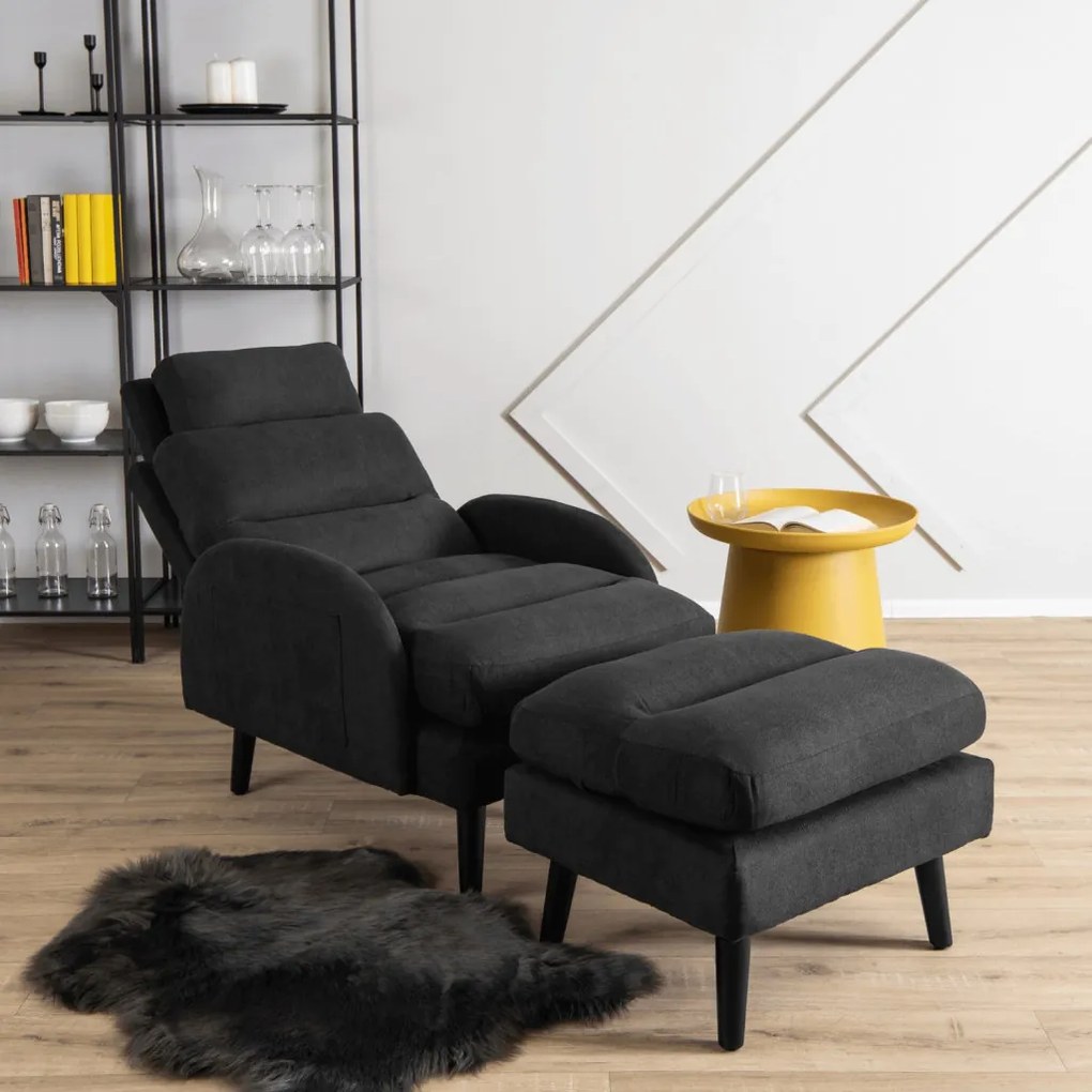 Kényelmes Fotel Fekete Színben Lábtartóval. HENRY
