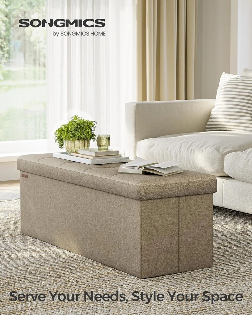 Tárolós ülőke, összecsukható pad, 38 × 110 × 38 cm, tevebarna színben