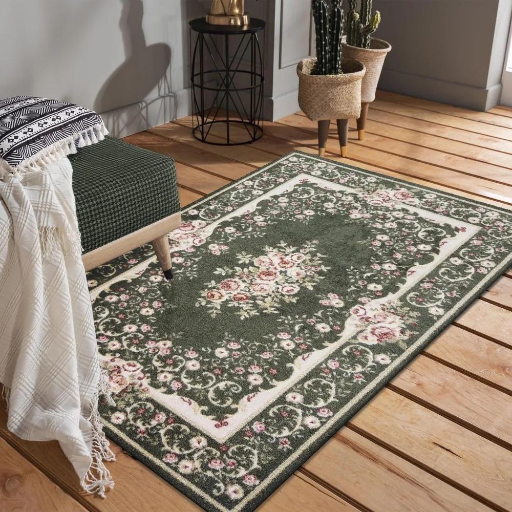 Időtálló zöld rusztikus szőnyeg rózsaszín virágokkal Szélesség: 200 cm | Hossz: 290 cm