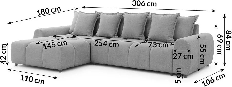 Szürke sarokkanapé (bal oldali-heverő résszel) Albane – Ropez