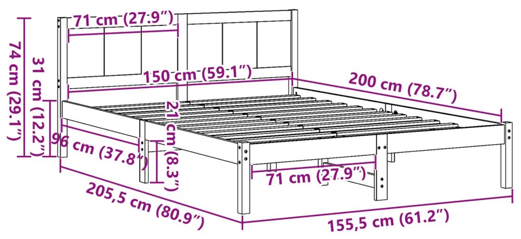 Fehér Fenyő Ágykeret Fehér Fa 150 x 200 cm Tartós