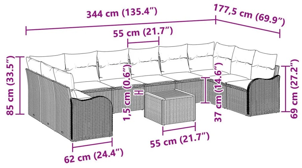 11 Részes Kerti Kanapé Készlet Párnákkal Fekete Poli Rattan Akác, 2 Fős Kerti Kanapé Párnákkal Fekete Poli Rattan