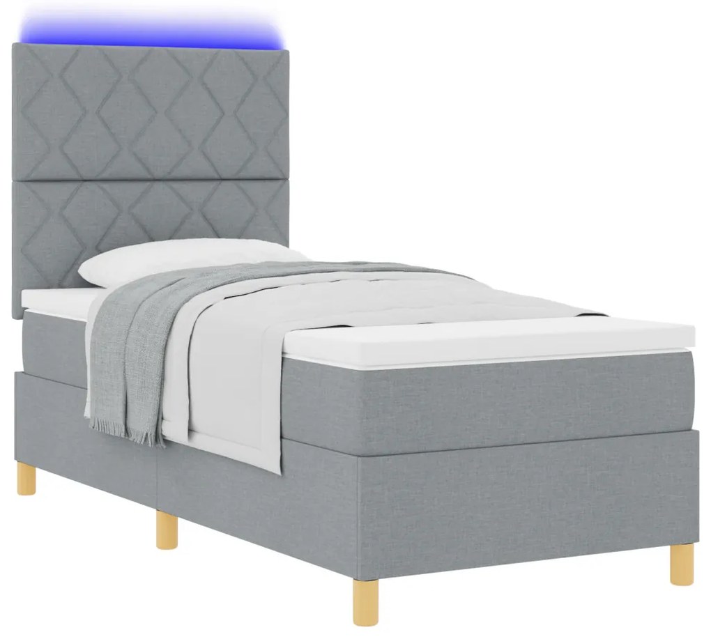 Box Spring Ágy matraccal és LED Fénnyel Világosszürke 90x190 cm Szövet