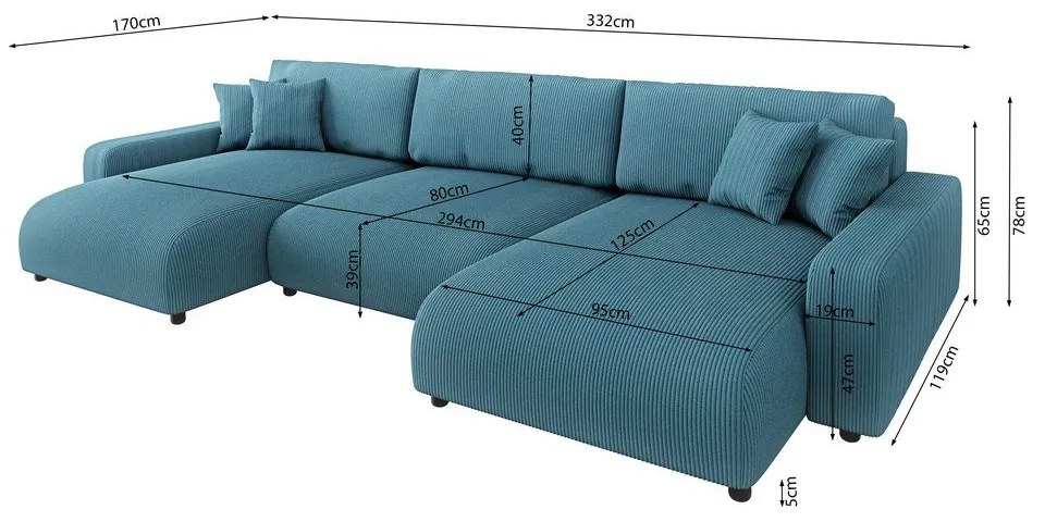 Türkiz kordbársony kinyitható tárolóhelyes sarokkanapé Sara – Ropez