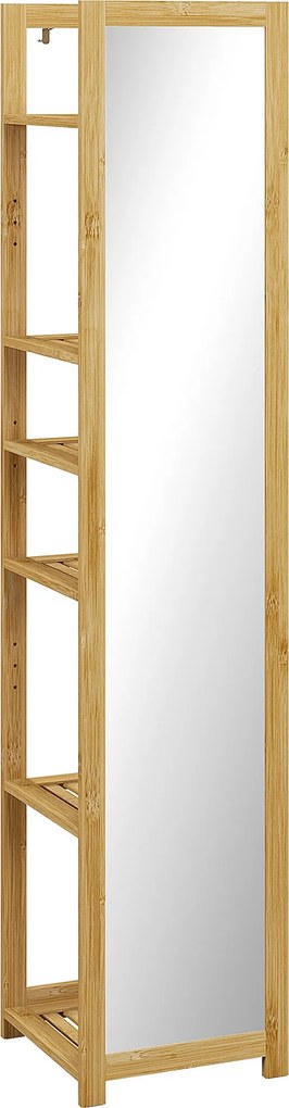 HOMCOM Fürdőszoba Szekrény Tükörrel, 6 Polcos Tárolópolc Természetes Bambuszból, 35L x 35Sz x 168M cm | Aosom