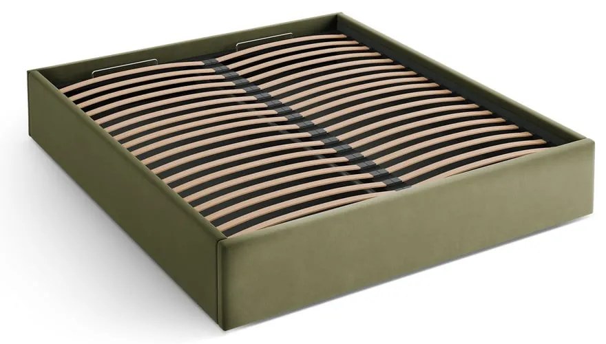 Zöld kárpitozott ágyneműtartós-ágytámla nélkül franciaágy ágyráccsal 200x200 cm Susan – Micadoni