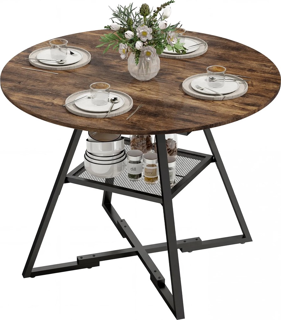 HOMCOM kerek étkezőasztal 4 személyes, Ø 100 cm x 76 cm, ipari stílusú konyhai asztal nagy asztallappal és tárolópolccal, fém váz, rusztikus barna | A