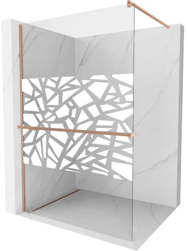Mexen Kioto+, Walk-In zuhany paraván polccal és akasztóval 110 x 200 cm, 8 mm átlátszó üveg fehér mintás, réz matt profil, 800-110-121-65-85