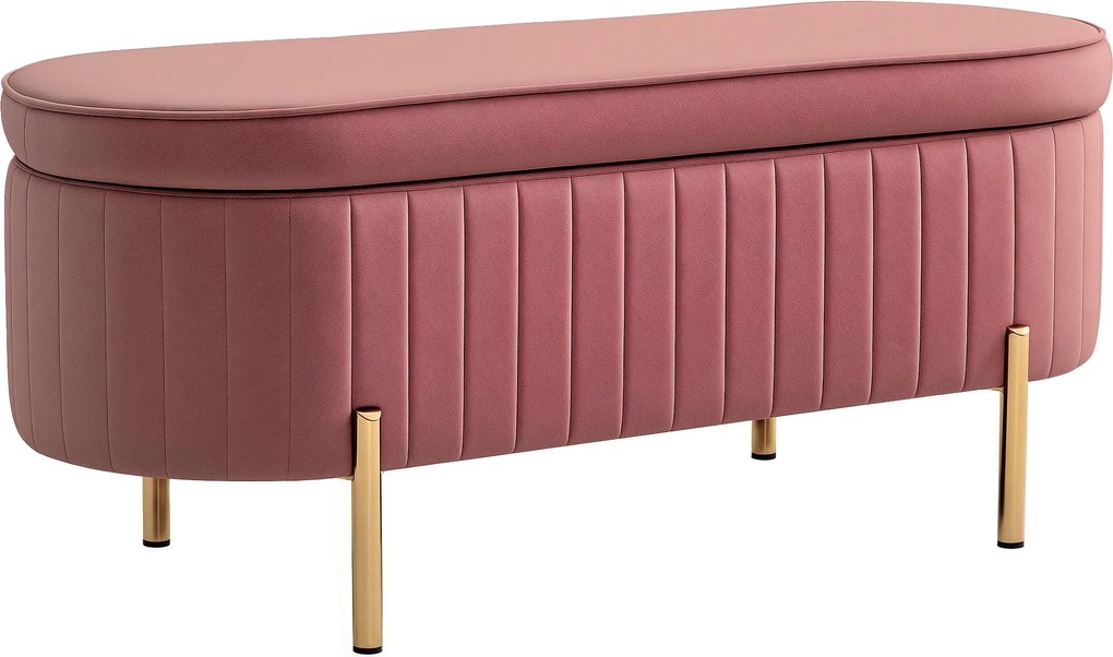 HOMCOM Bársonyos Kárpitozott Ágyvégi Pad Tároló Puff Arany Lábbal 108x44x43,5 cm Rózsaszín | Aosom