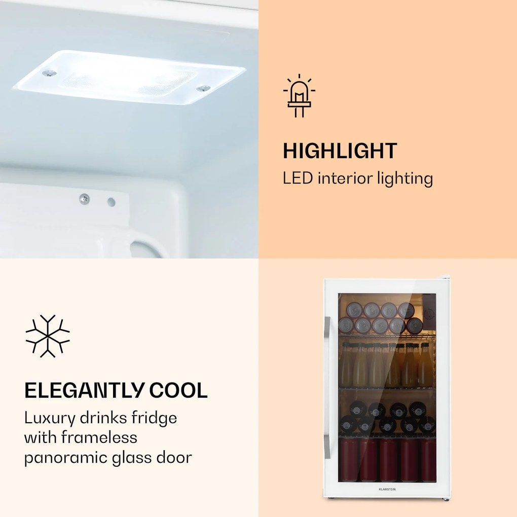 Klarstein Beersafe XXL Quartz, hűtőszekrény, E energiahatékonysági osztály, LED, 3 fém polc, panoráma üvegajtó