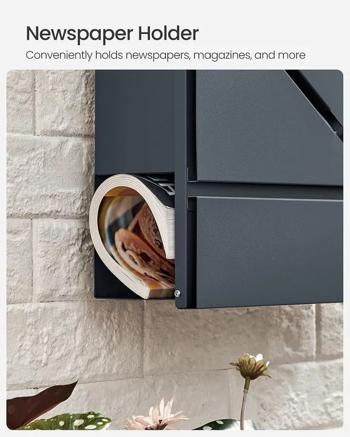 SONGMICS Falra Szerelhető Postaláda Újságtartóval és Zárral, Antracitszürke