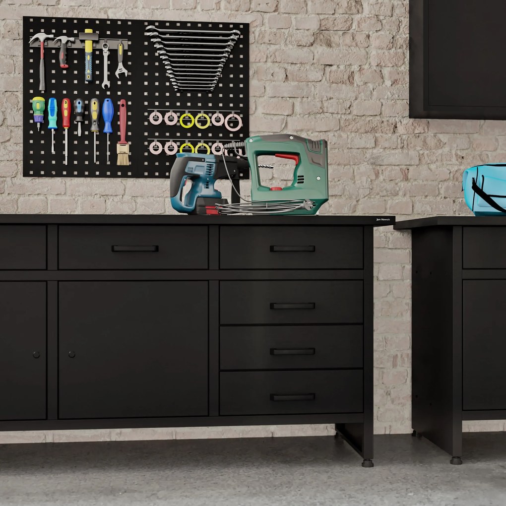 Műhelyasztal fiókokkal, fekete, 1700x850x600 mm: HENRY All Black