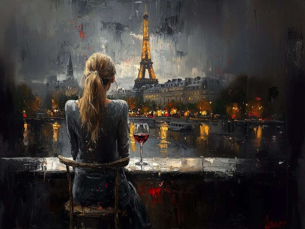 Canvas Vászonkép Nő Párizs Eiffel-torony Este Bor 80x60
