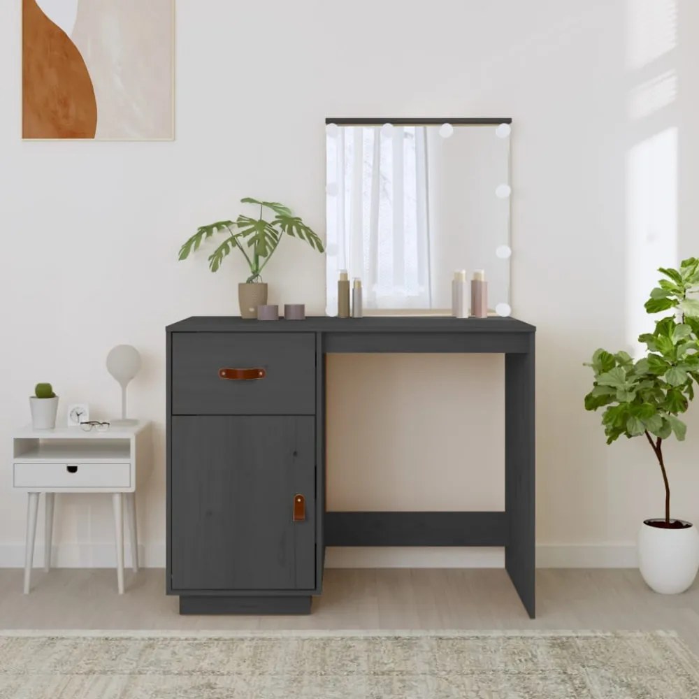 szürke tömör fenyőfa fésülködőasztal LED-del 95 x 50 x 133,5 cm