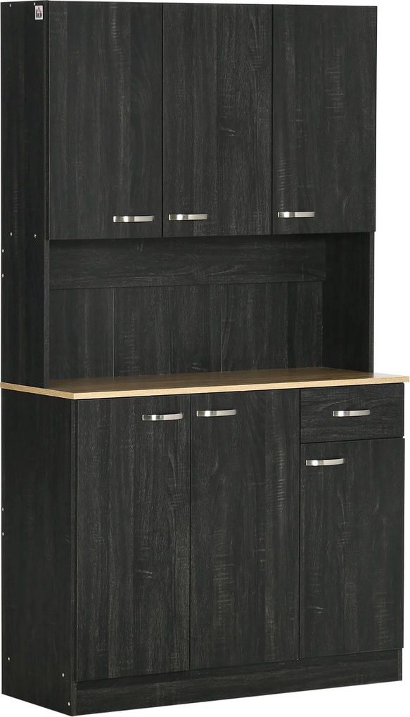 HOMCOM Modern Konyha Buffet Tároló Szekrény 6 Ajtóval 1 Fiókkal + Nagy Asztallap 101L x 39W x 180H cm Fekete Fa | Aosom