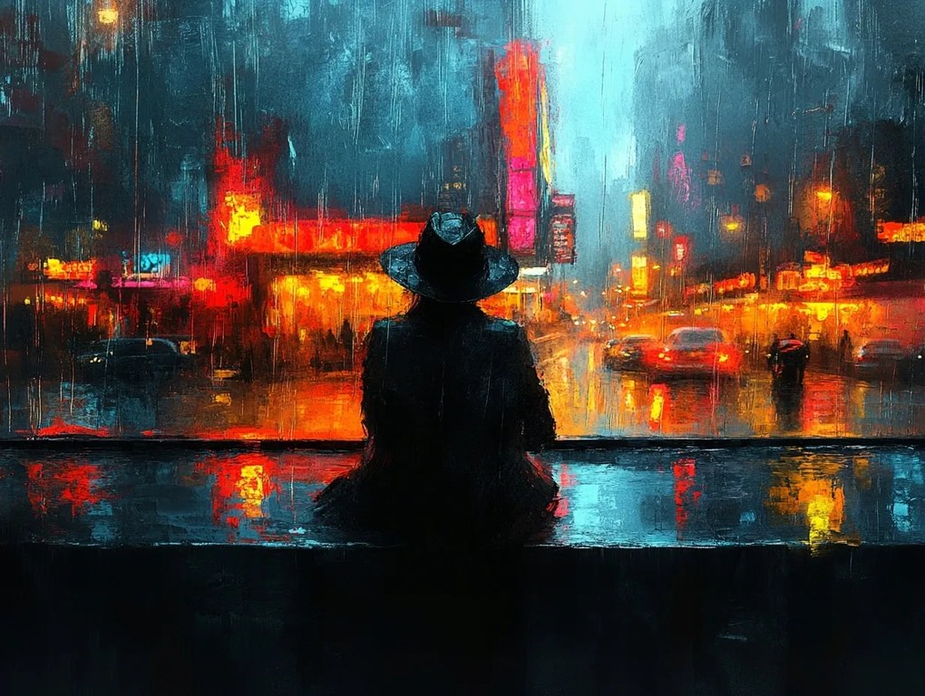 Vászonkép Canvas Figura Férfi Éjszaka Város Eső Fények 80x60