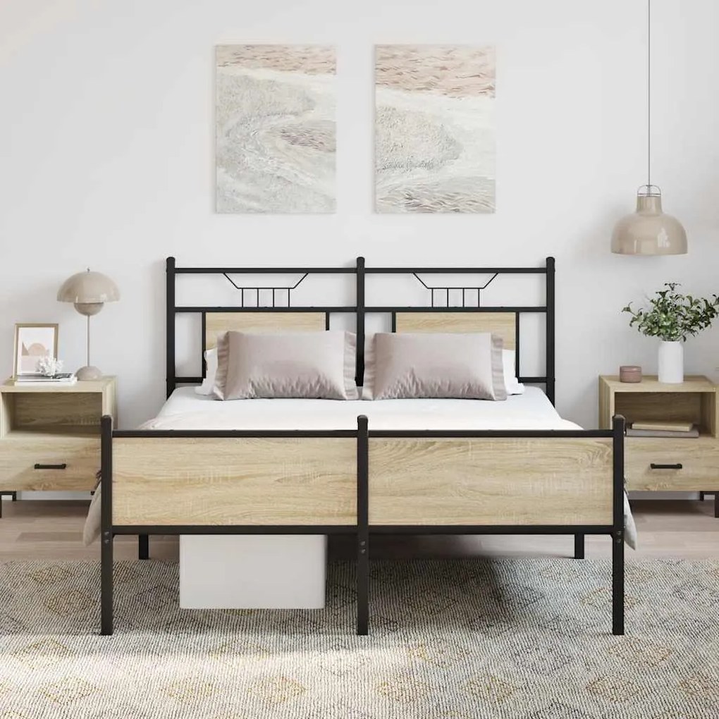 sonoma tölgy színű szerelt fa ágykeret matrac nélkül 137x190 cm