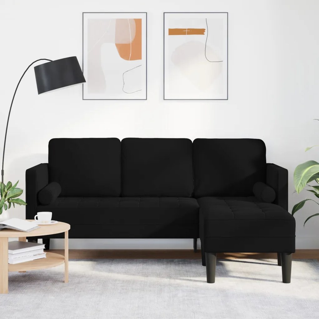3-fős kanapé chaise longue - L alakú, fekete, 160 cm bársony